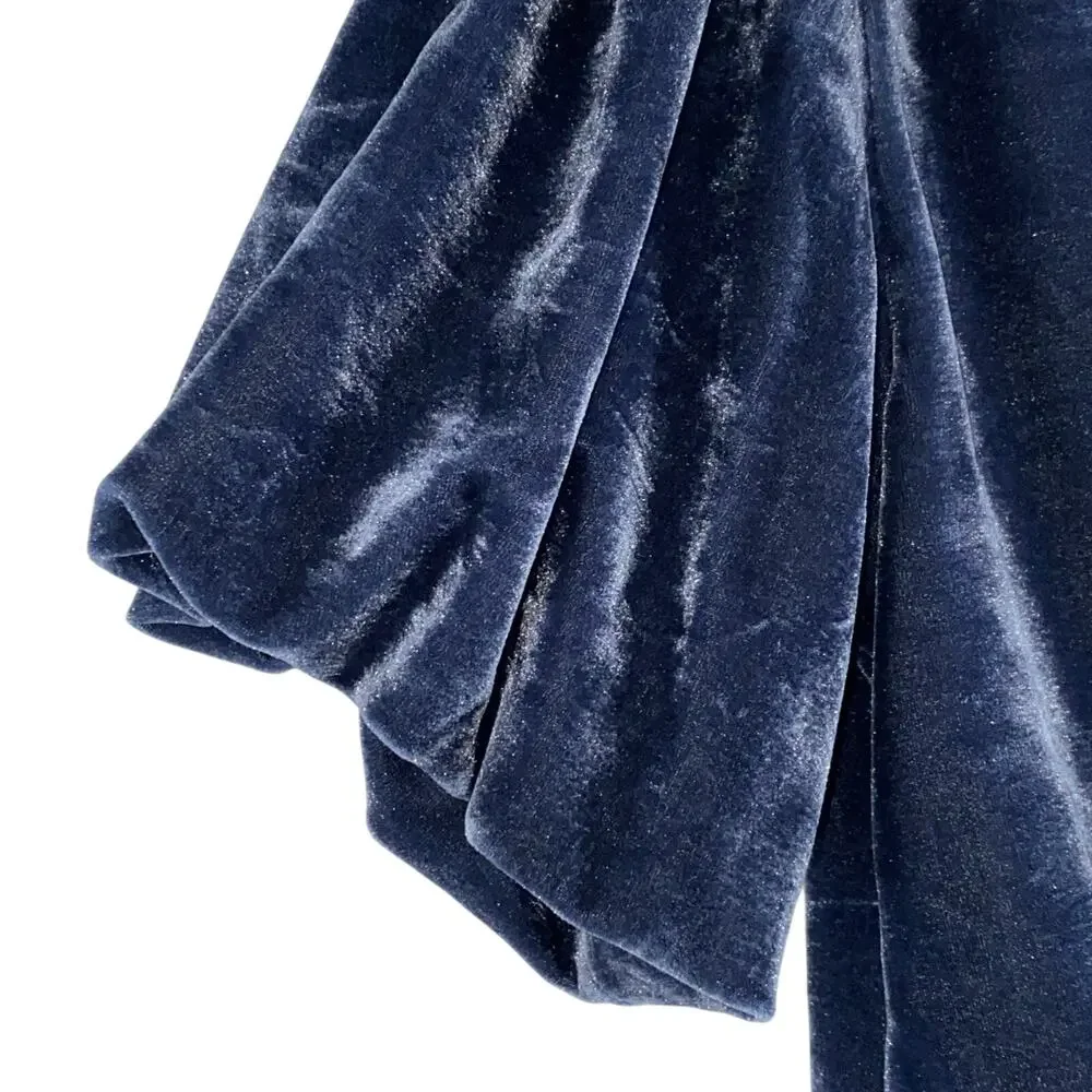 Free People Velvet Top Blue Ruched Puff Sleeve V-Neck Womens M